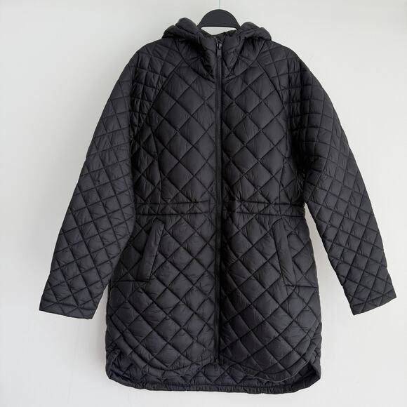 Athleta Whisper Featherless Parka Jacket Women Large Black Hooded Puffer Quilted - Picture 1 of 11